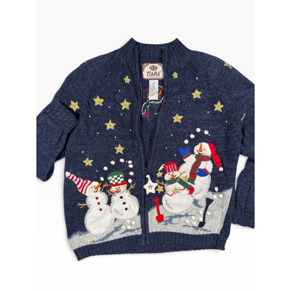 Vtg Tiara International Womens Blue Christmas Sweater S Snowman Cardigan Stars